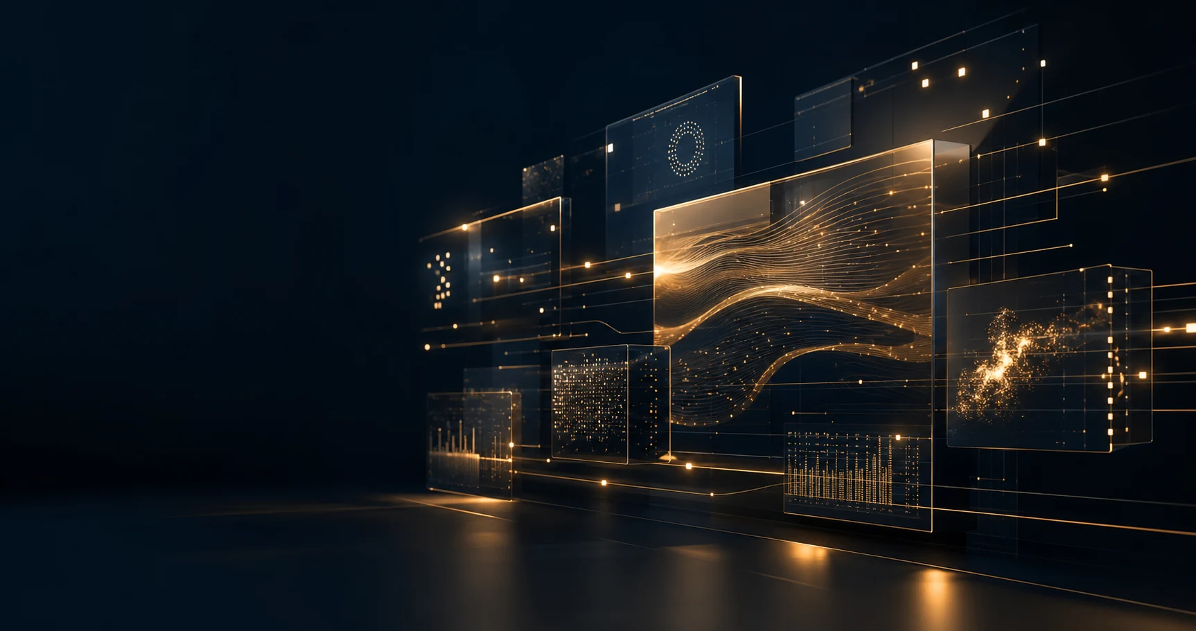 Golden data streams moving between connected digital layers