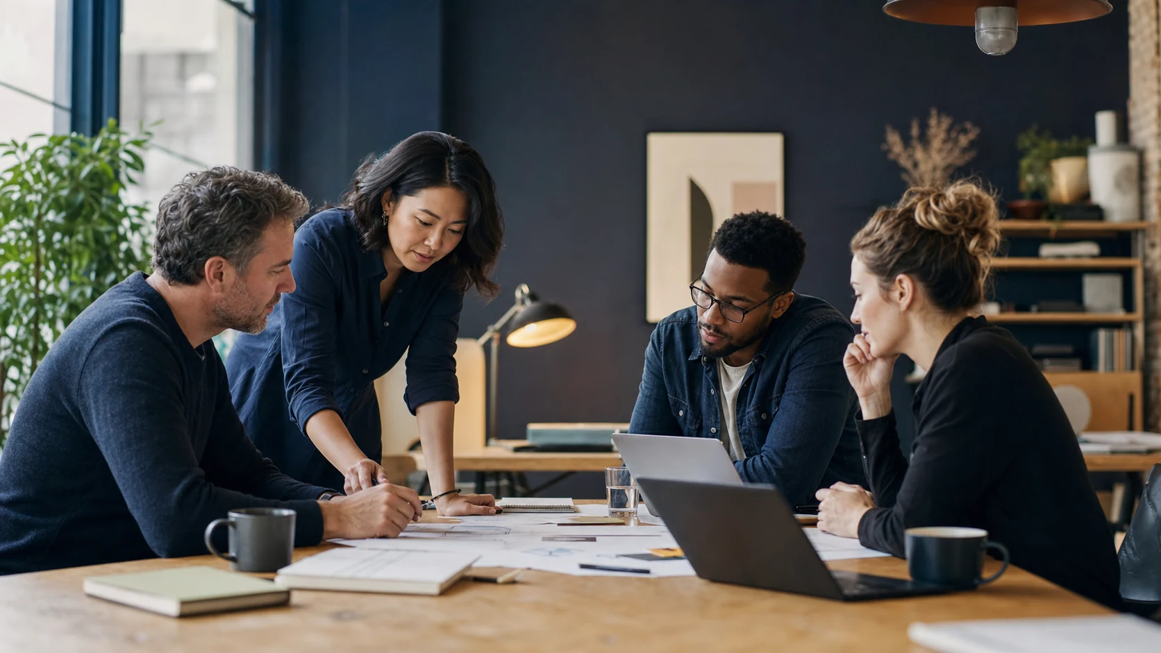 A collaborative product team working together around a table